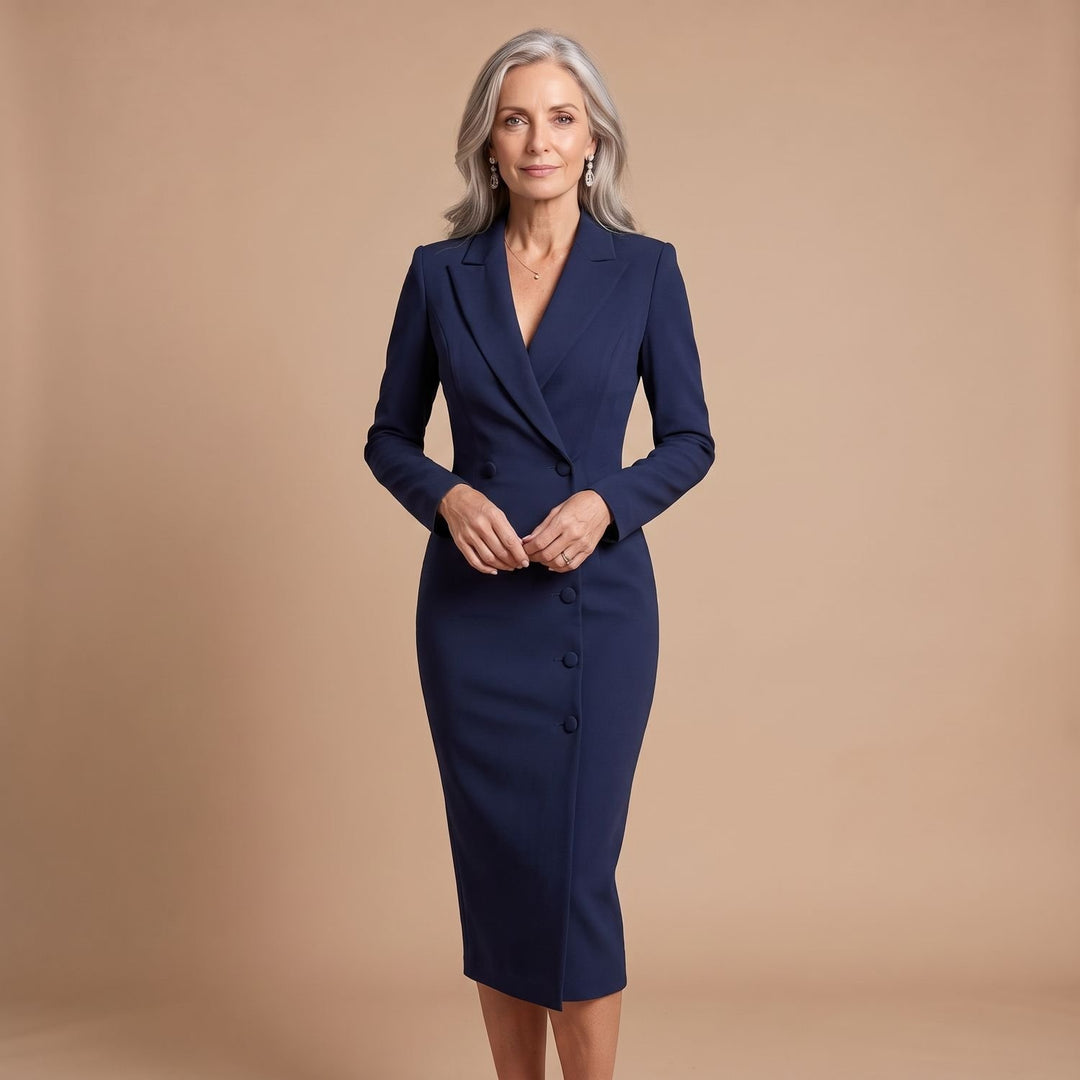 Damen Figurbetontes Midi-Bleistiftkleid mit Blazer-Kragen und Knöpfen - Marineblau
