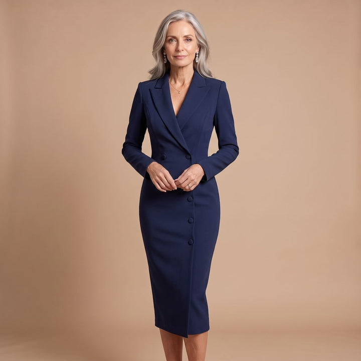 Damen Figurbetontes Midi-Bleistiftkleid mit Blazer-Kragen und Knöpfen - Marineblau