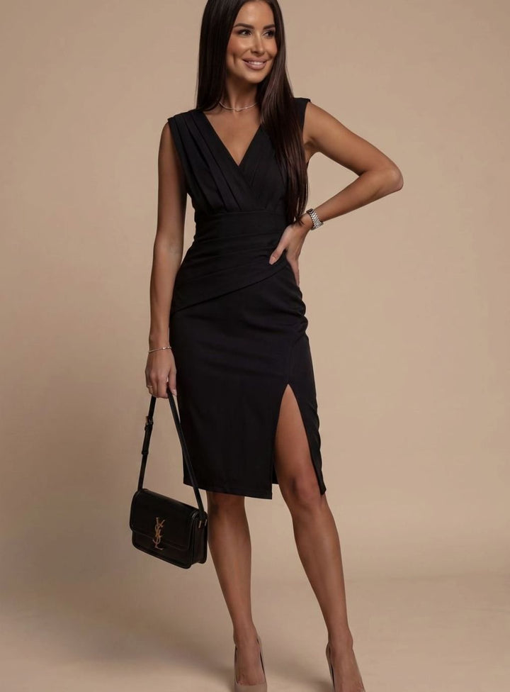 Damen Figurbetontes Ärmelloses Cocktailkleid V-Ausschnitt Seitenschlitz - Schwarz
