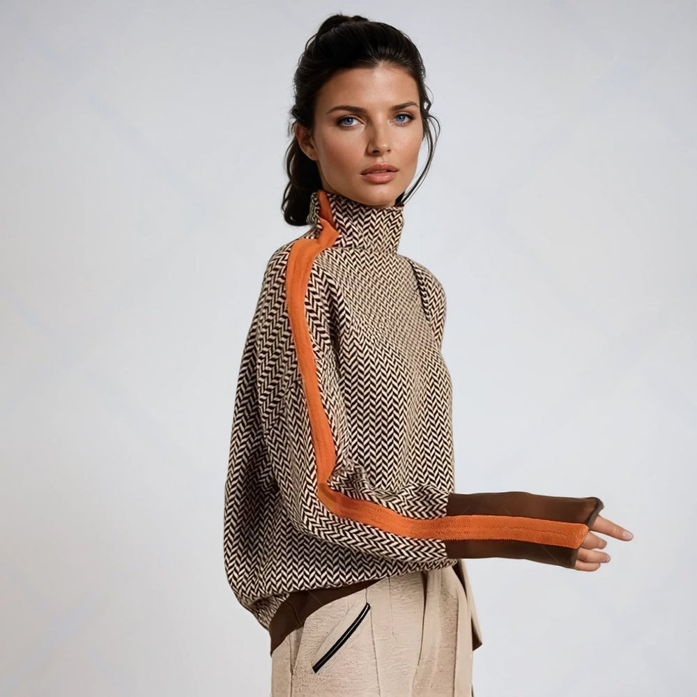 Damen Fischgrat-Turtleneck Sweater Rollkragen Oversized Pullover - Orange
