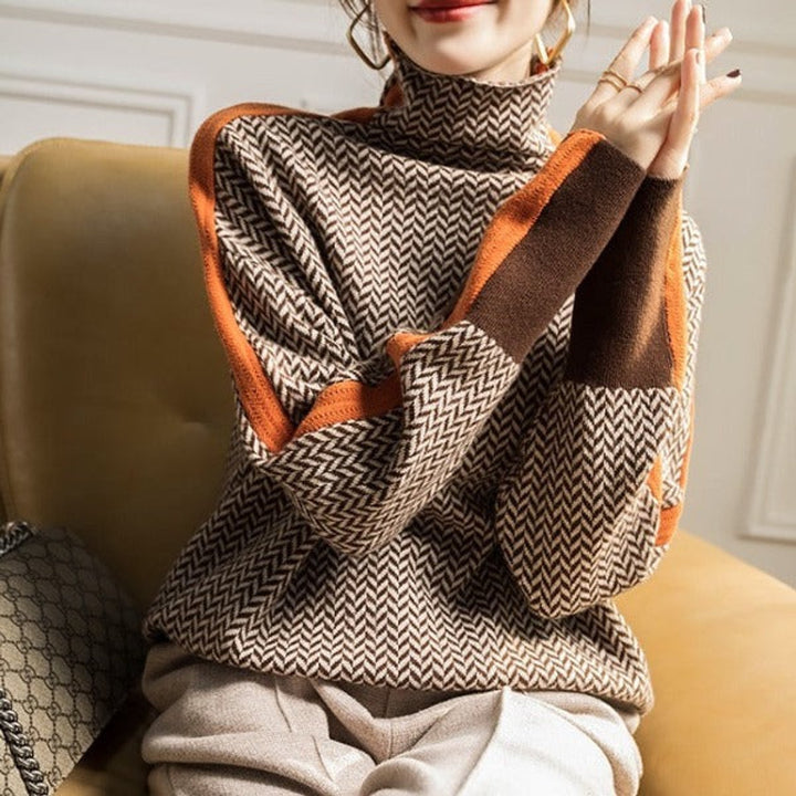 Damen Fischgrat-Turtleneck Sweater Rollkragen Oversized Pullover