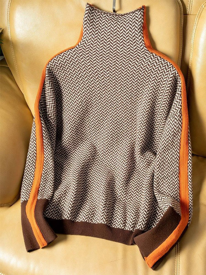 Damen Fischgrat-Turtleneck Sweater Rollkragen Oversized Pullover