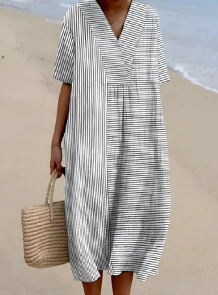 Damen Fischmuster Leinenkleid V-Ausschnitt Kurzarm Sommerkleid - Stil 2