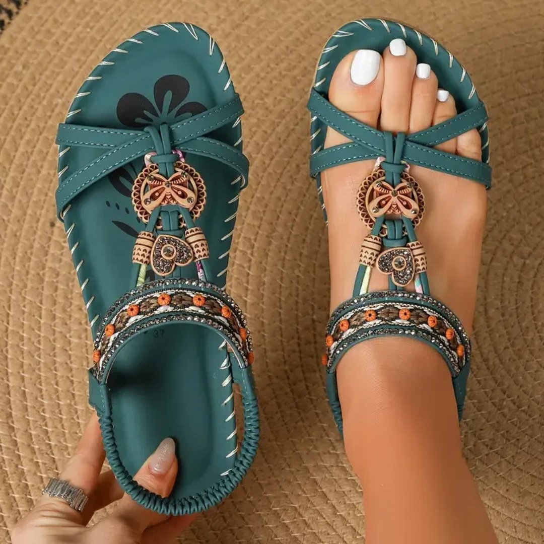 Damen Flache Boho-Riemchensandale Orthopädisch Perlenbesatz - Dark Green