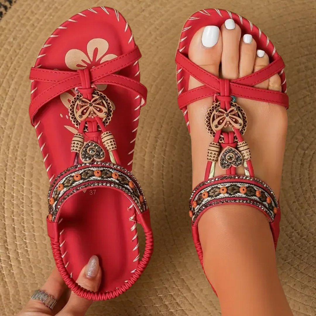 Damen Flache Boho-Riemchensandale Orthopädisch Perlenbesatz - Red