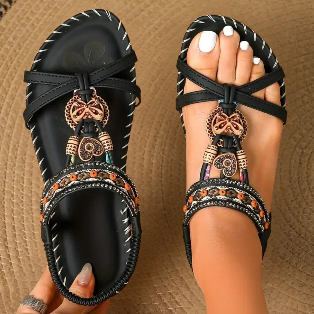 Damen Flache Boho-Riemchensandale Orthopädisch Perlenbesatz - Black