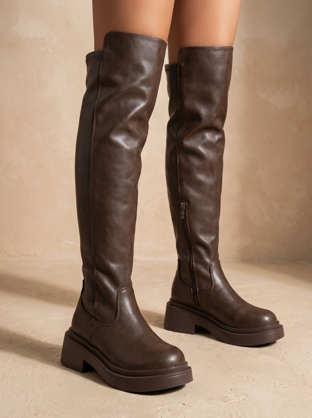 Damen Flache Overknee-Stiefel mit Seitenreißverschluss Dehnbarem Schaft