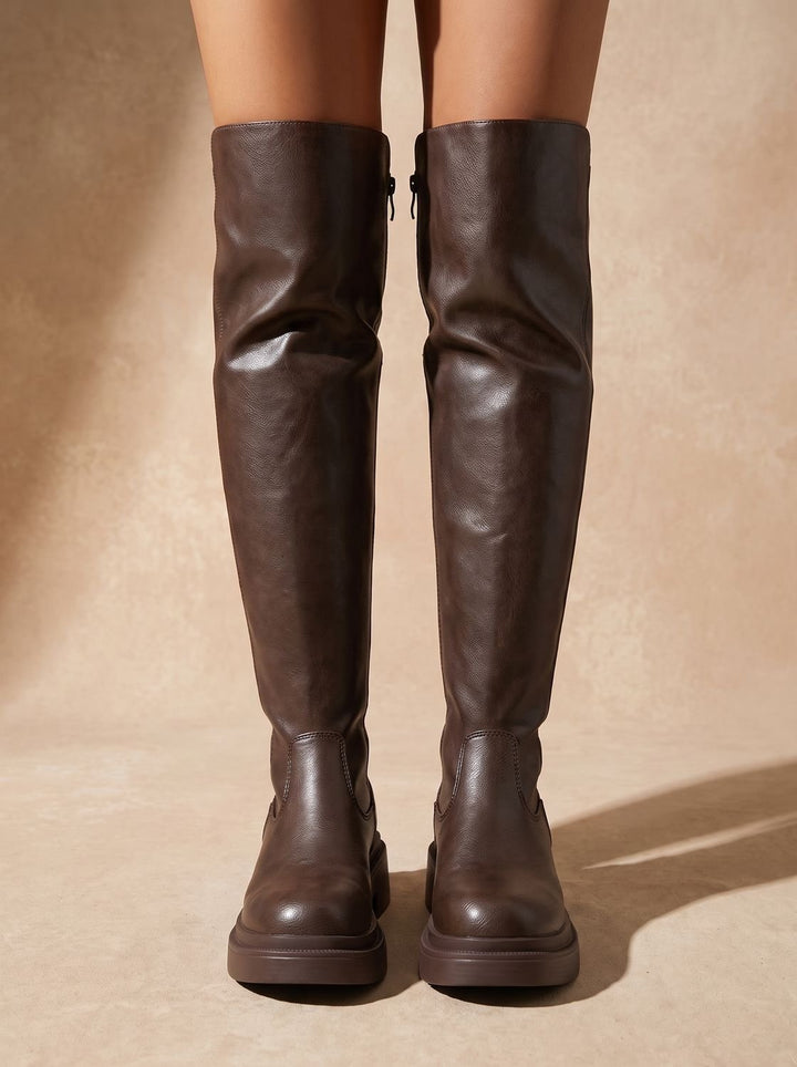 Damen Flache Overknee-Stiefel mit Seitenreißverschluss Dehnbarem Schaft