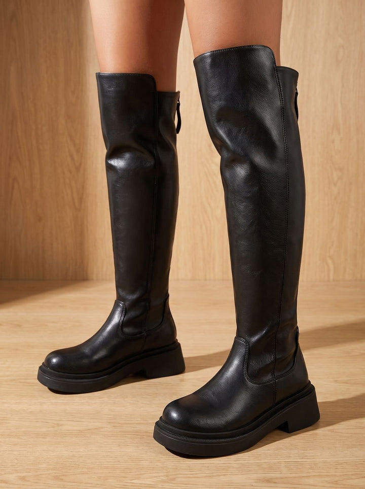 Damen Flache Overknee-Stiefel mit Seitenreißverschluss Dehnbarem Schaft - Schwarz