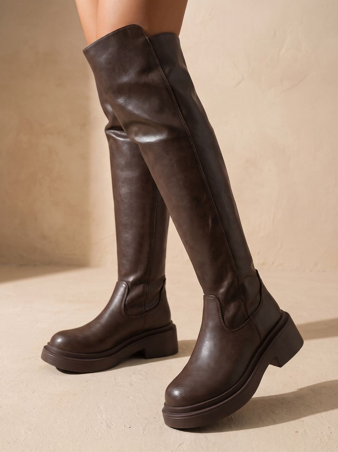 Damen Flache Overknee-Stiefel mit Seitenreißverschluss Dehnbarem Schaft - Braun