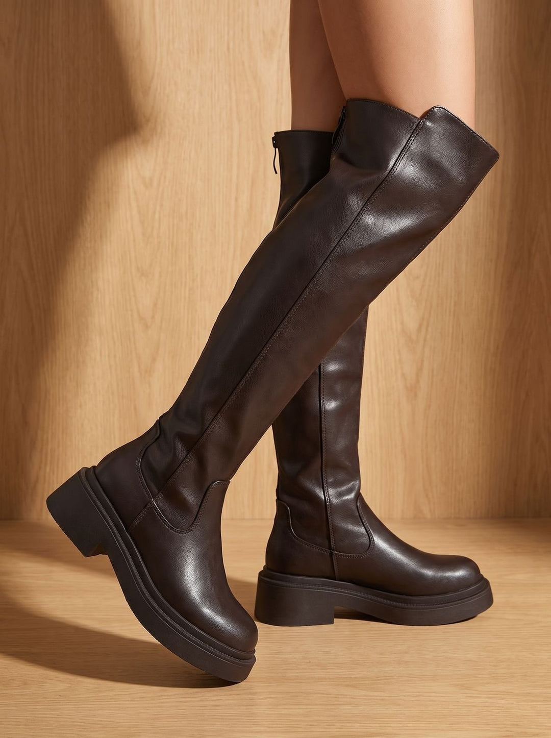 Damen Flache Overknee-Stiefel mit Seitenreißverschluss Dehnbarem Schaft
