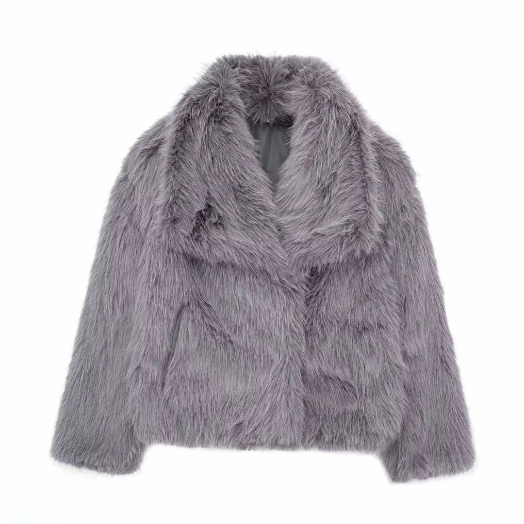 Damen Flauschige Kunstfell-Jacke mit Oversized Revers - Grau
