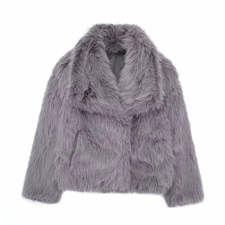 Damen Flauschige Kunstfell-Jacke mit Oversized Revers - Grau