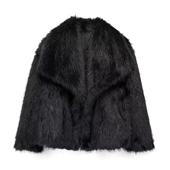 Damen Flauschige Kunstfell-Jacke mit Oversized Revers - Schwarz