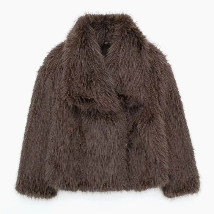 Damen Flauschige Kunstfell-Jacke mit Oversized Revers - Braun