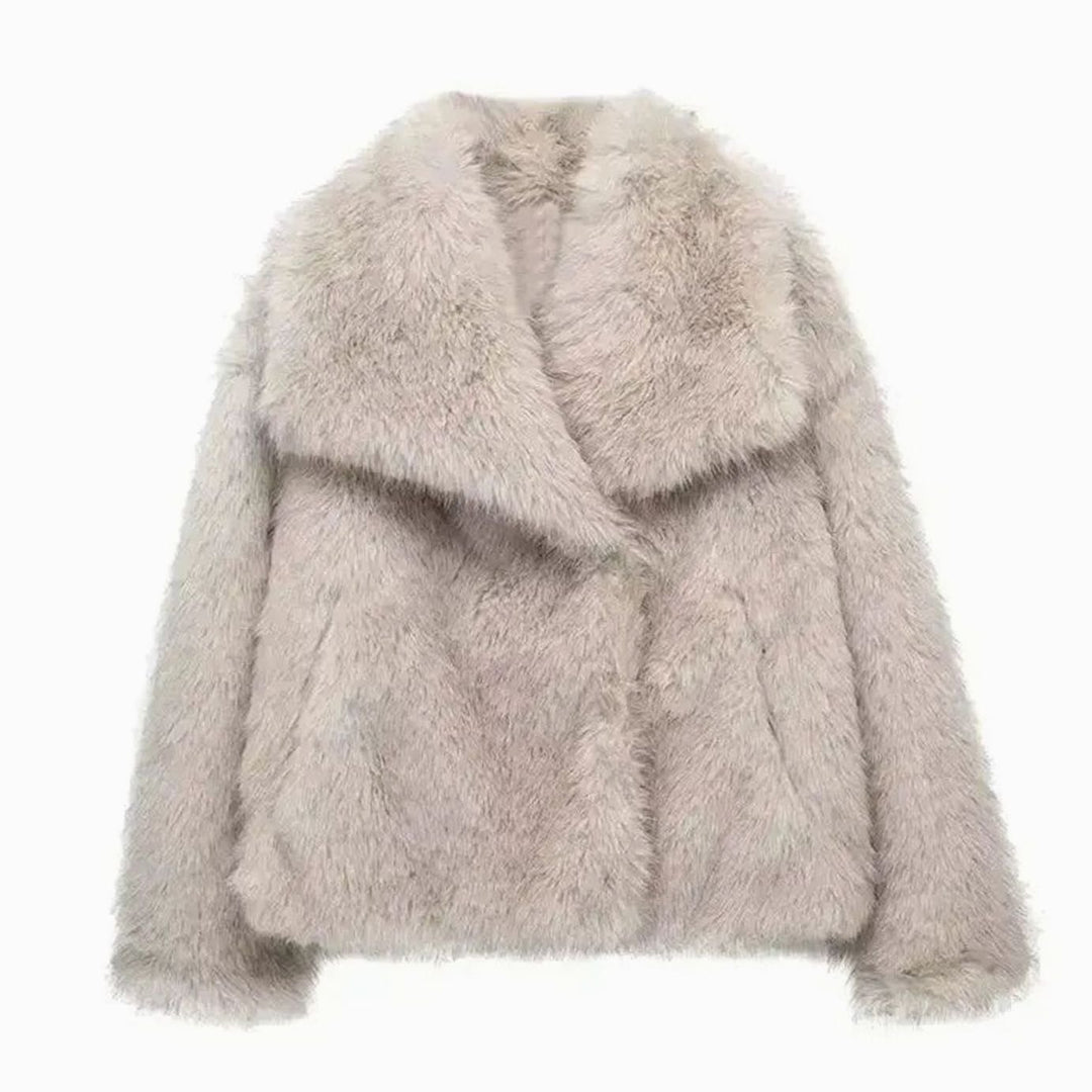 Damen Flauschige Kunstfell-Jacke mit Oversized Revers - Beige