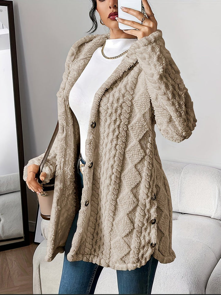 Damen Flauschiger Kapuzen-Cardigan Oversized Geknöpft - Khaki