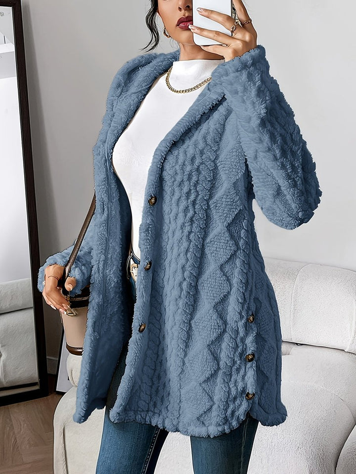 Damen Flauschiger Kapuzen-Cardigan Oversized Geknöpft - Denim Blue