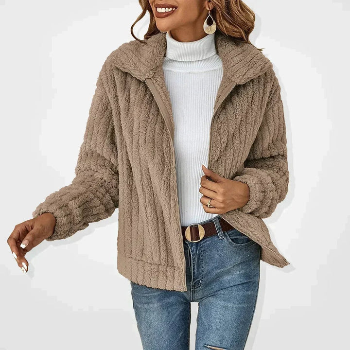 Damen Flauschiger Oversized Reißverschluss Cardigan - Khaki