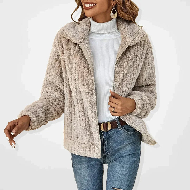 Damen Flauschiger Oversized Reißverschluss Cardigan - Beige
