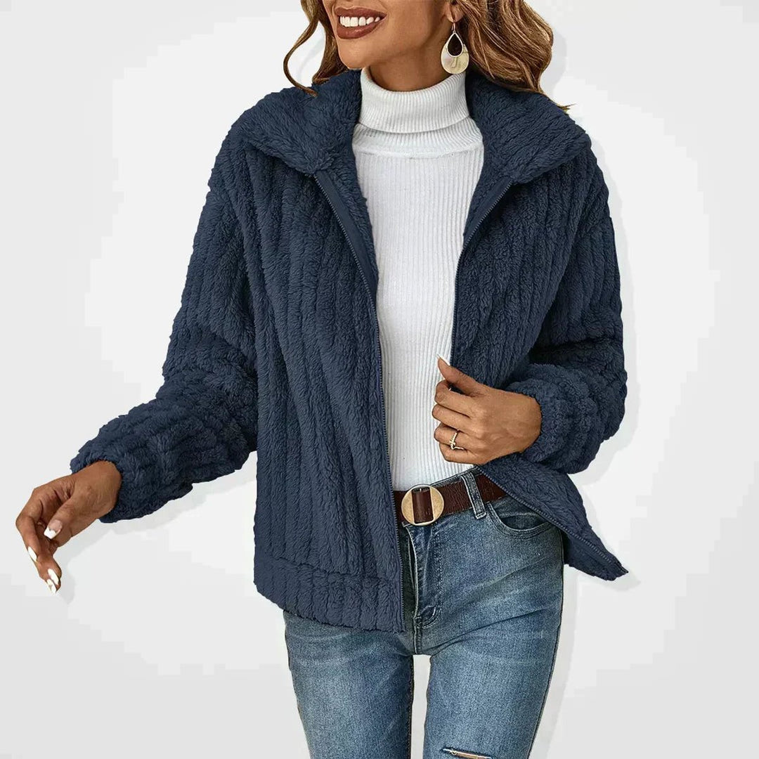 Damen Flauschiger Oversized Reißverschluss Cardigan - Marineblau