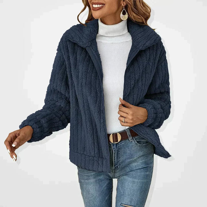 Damen Flauschiger Oversized Reißverschluss Cardigan - Marineblau
