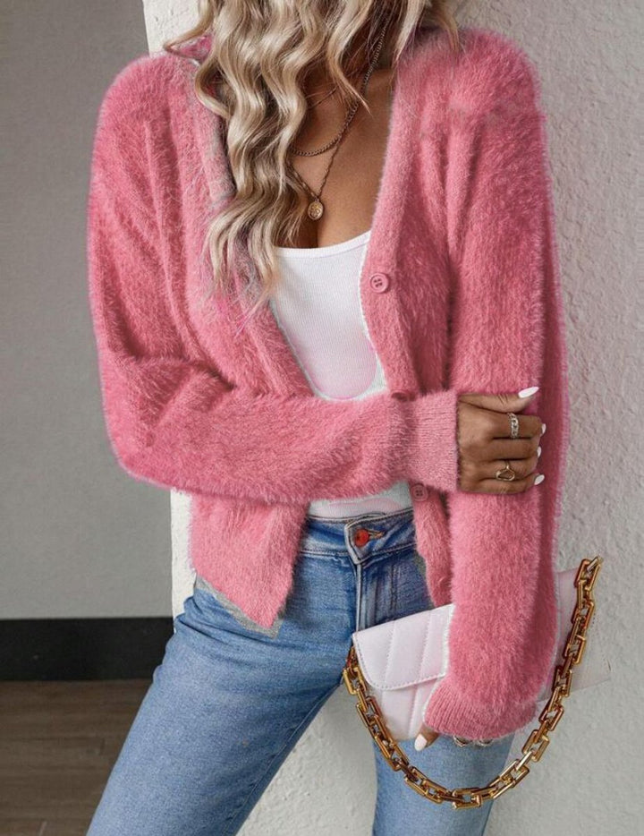Damen Flauschiger V-Ausschnitt Strickjacke Cardigan mit Knopfleiste - Rosa