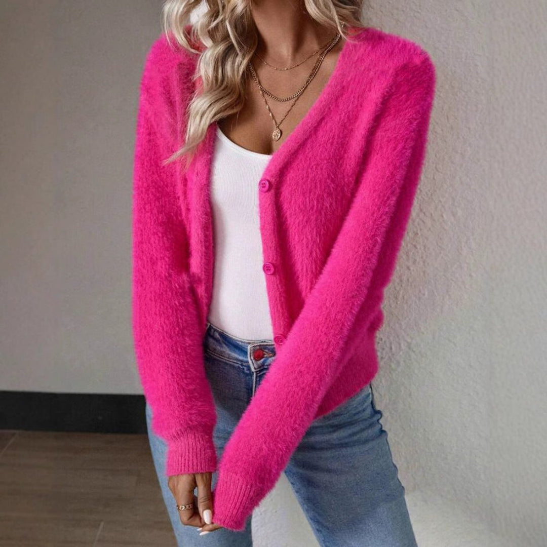Damen Flauschiger V-Ausschnitt Strickjacke Cardigan mit Knopfleiste