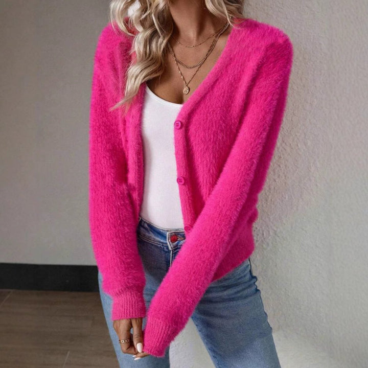 Damen Flauschiger V-Ausschnitt Strickjacke Cardigan mit Knopfleiste