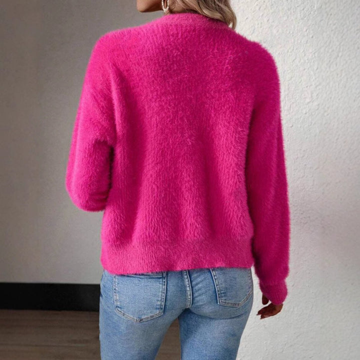 Damen Flauschiger V-Ausschnitt Strickjacke Cardigan mit Knopfleiste