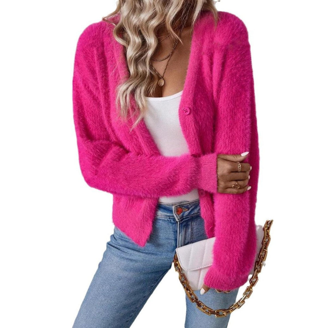 Damen Flauschiger V-Ausschnitt Strickjacke Cardigan mit Knopfleiste