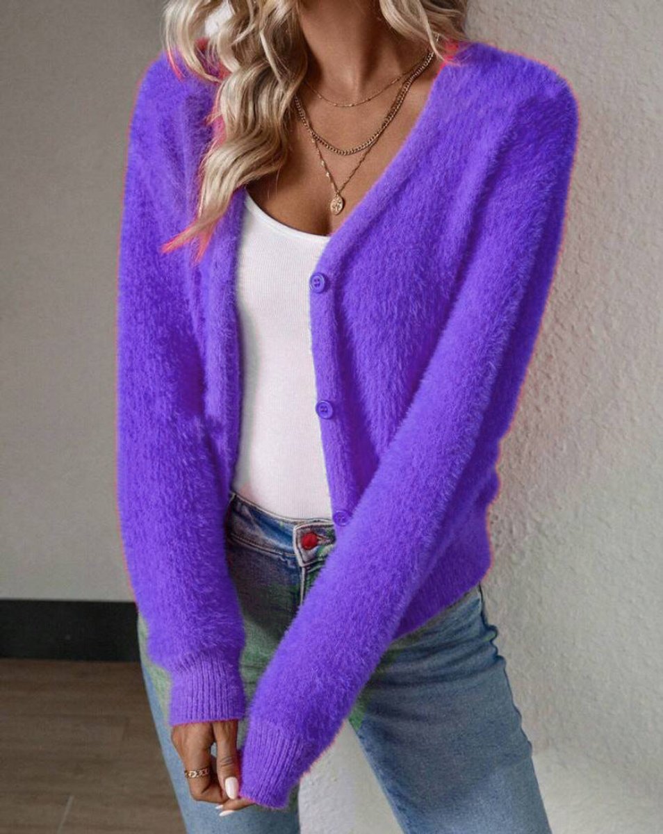 Damen Flauschiger V-Ausschnitt Strickjacke Cardigan mit Knopfleiste - Flieder