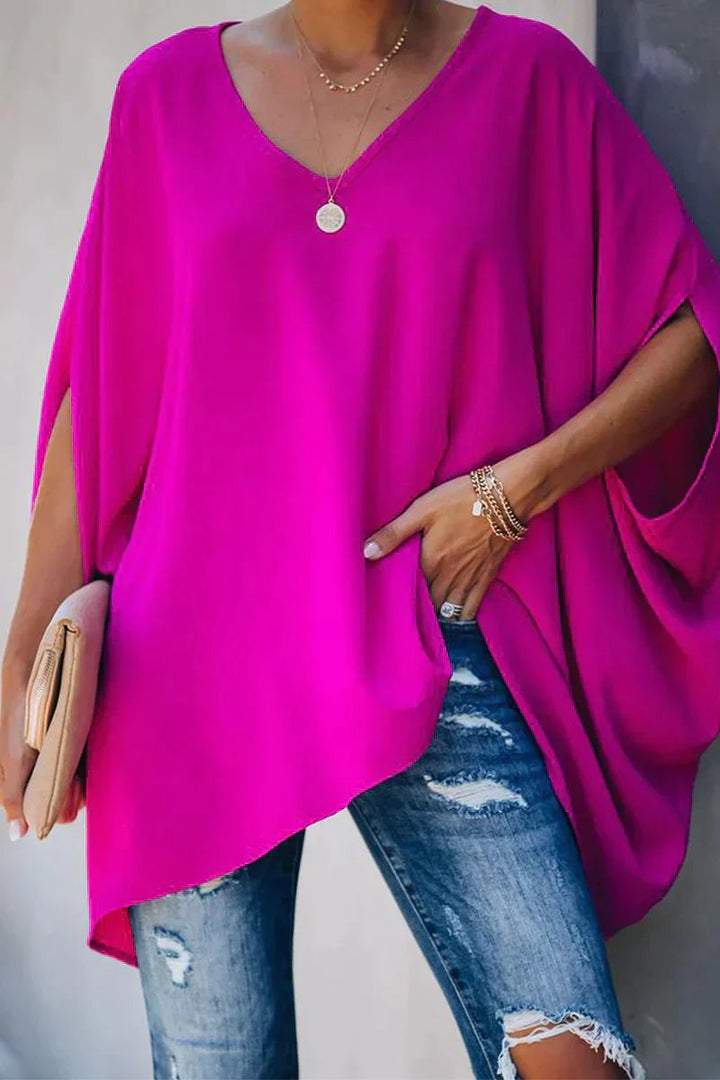 Damen Fledermausärmel Oversize Tunika mit V-Ausschnitt - Rosa