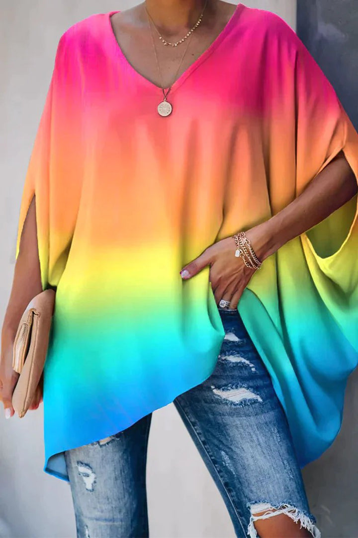 Damen Fledermausärmel Oversize Tunika mit V-Ausschnitt - Regenbogen