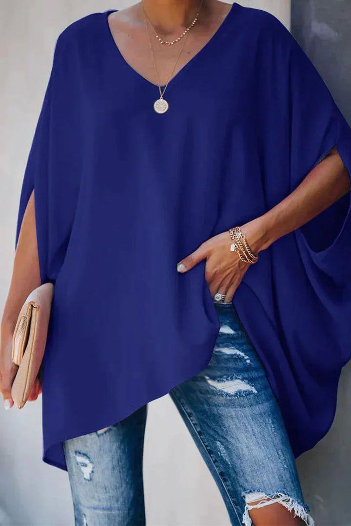 Damen Fledermausärmel Oversize Tunika mit V-Ausschnitt - Blau