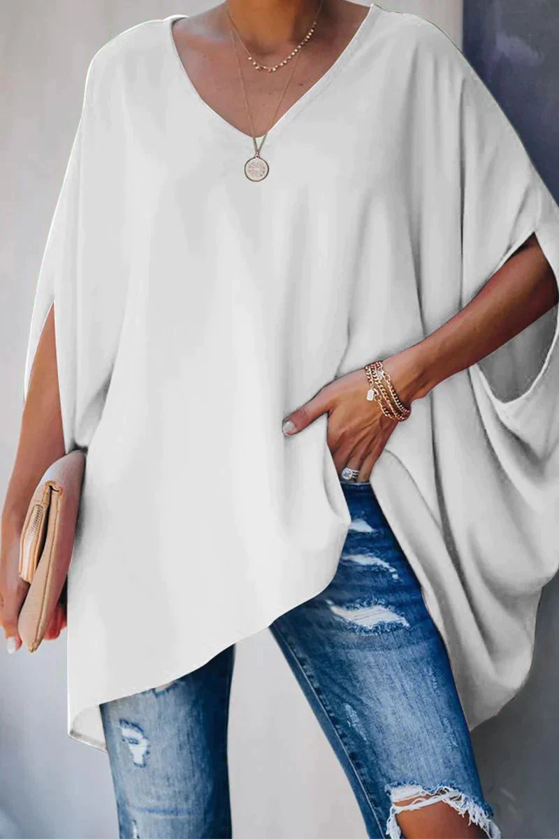 Damen Fledermausärmel Oversize Tunika mit V-Ausschnitt - Weiß
