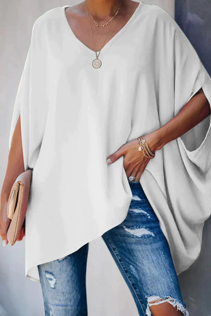 Damen Fledermausärmel Oversize Tunika mit V-Ausschnitt - Weiß