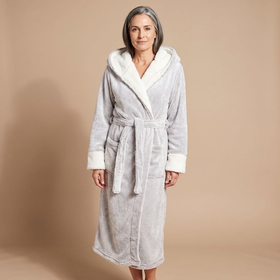 Damen Fleece-Bademantel mit Kapuze und Bindegürtel