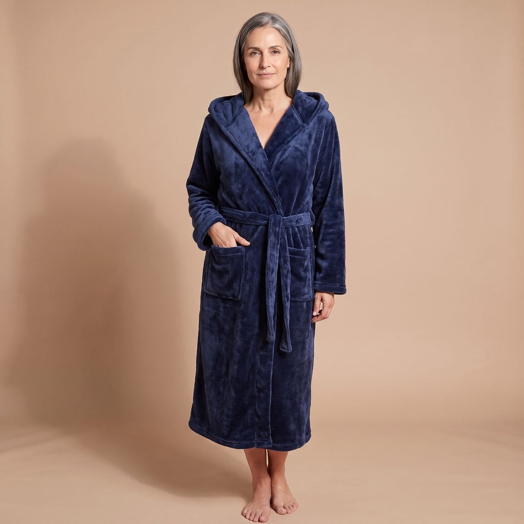 Damen Fleece-Bademantel mit Kapuze und Bindegürtel - Dunkelblau