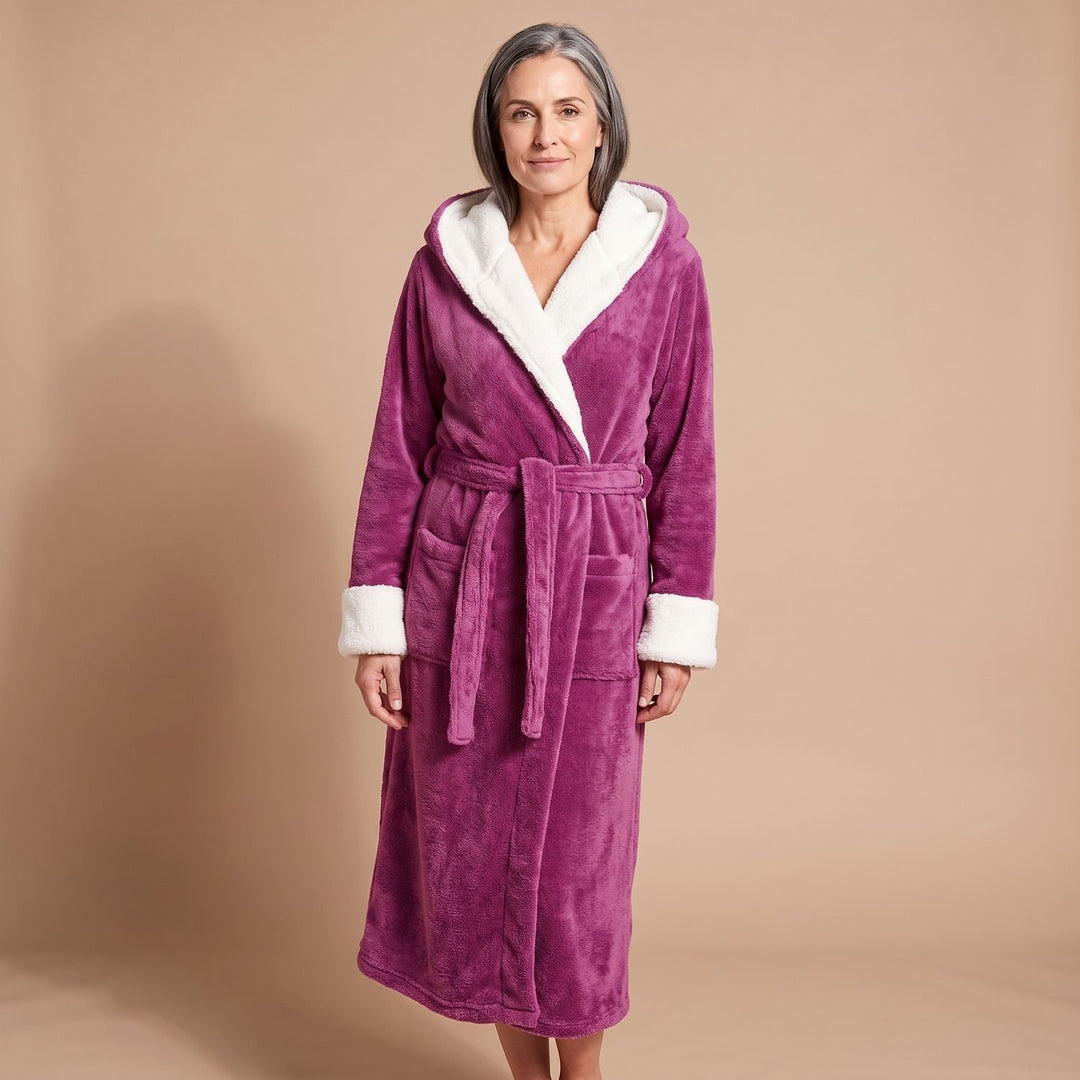 Damen Fleece-Bademantel mit Kapuze und Bindegürtel - Magenta
