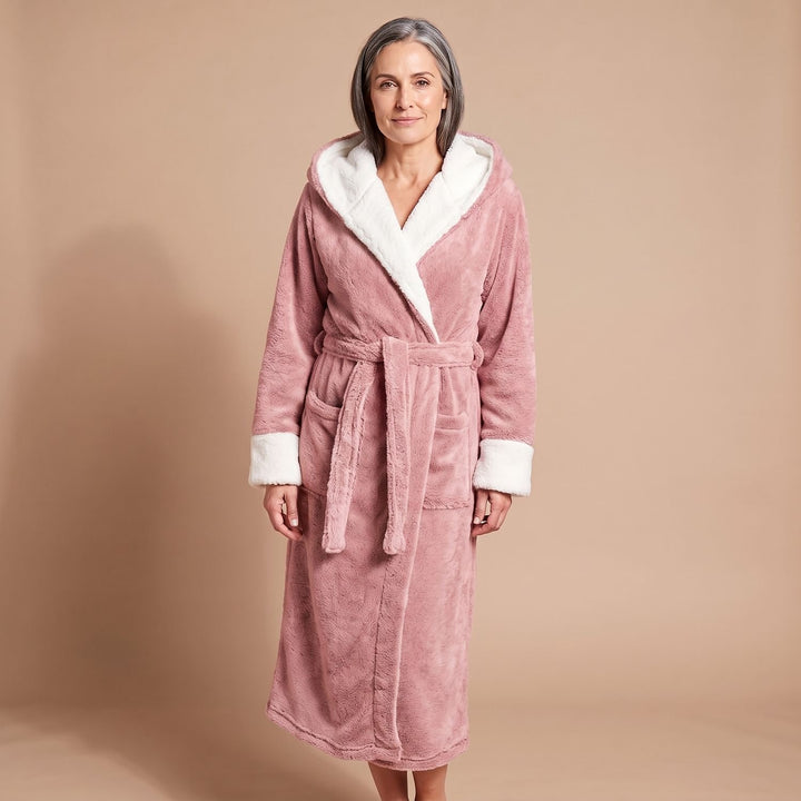 Damen Fleece-Bademantel mit Kapuze und Bindegürtel