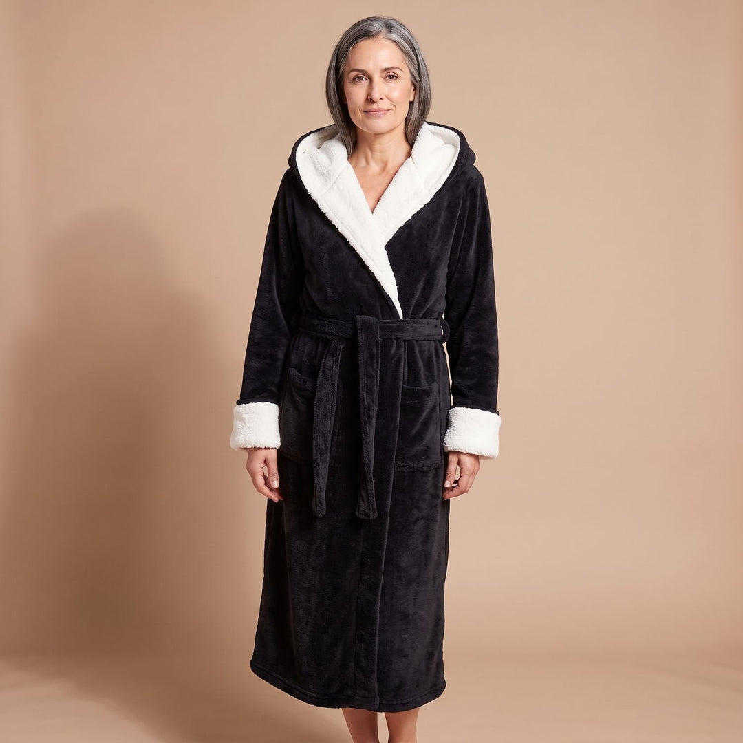 Damen Fleece-Bademantel mit Kapuze und Bindegürtel - Schwarz