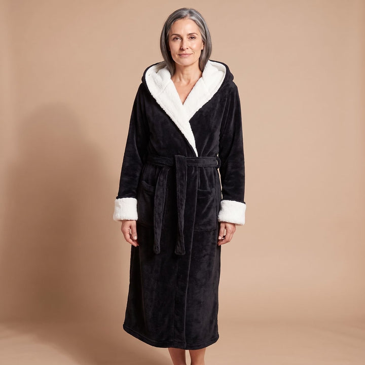 Damen Fleece-Bademantel mit Kapuze und Bindegürtel - Schwarz
