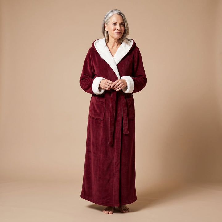 Damen Fleece-Bademantel mit Kapuze und Bindegürtel - Rot