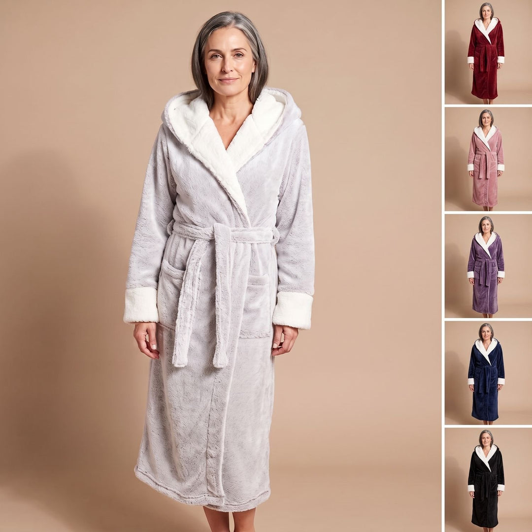 Damen Fleece-Bademantel mit Kapuze und Bindegürtel