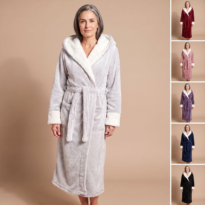 Damen Fleece-Bademantel mit Kapuze und Bindegürtel