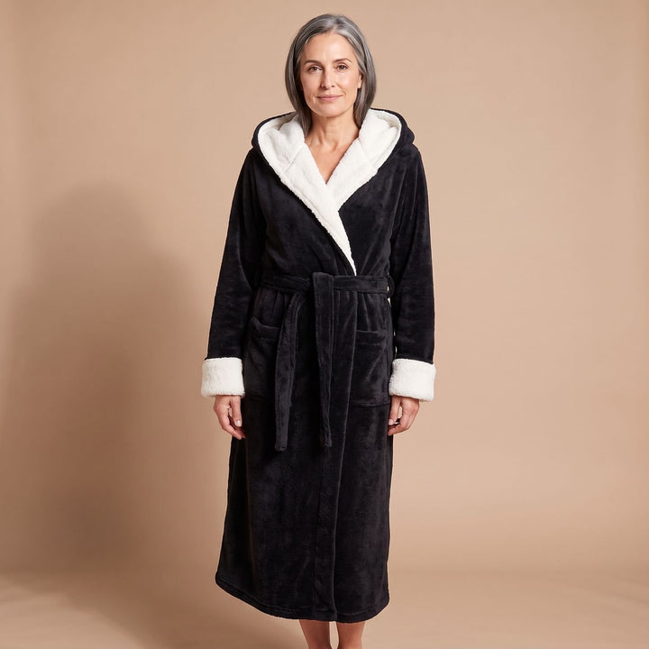 Damen Fleece-Bademantel mit Kapuze und Bindegürtel
