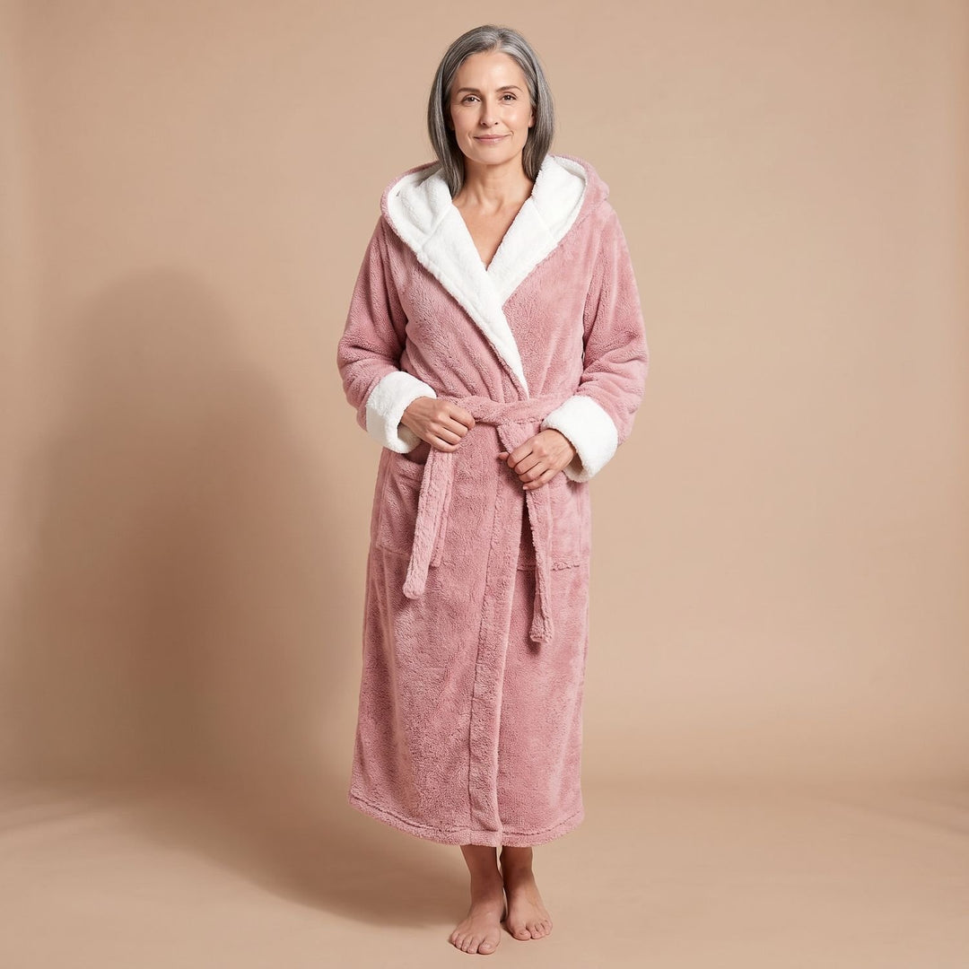 Damen Fleece-Bademantel mit Kapuze und Bindegürtel - Rosa