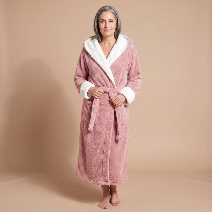 Damen Fleece-Bademantel mit Kapuze und Bindegürtel - Rosa