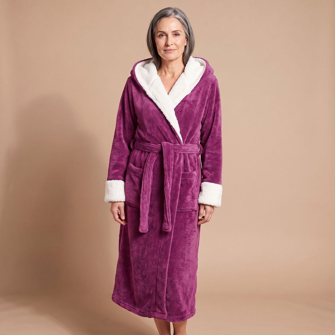 Damen Fleece-Bademantel mit Kapuze und Bindegürtel
